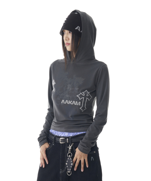 Studded Cross Hooded Long Sleeve (Dark Gray)