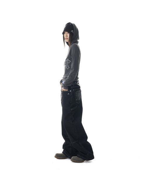 Studded Cross Hooded Long Sleeve (Dark Gray)