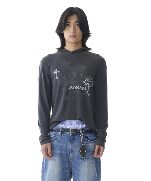 Studded Cross Hooded Long Sleeve (Dark Gray)