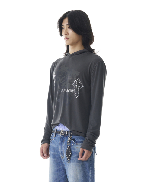 Studded Cross Hooded Long Sleeve (Dark Gray)