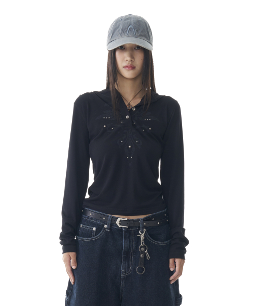 Studded Leaf Hooded Long Sleeve (Black)