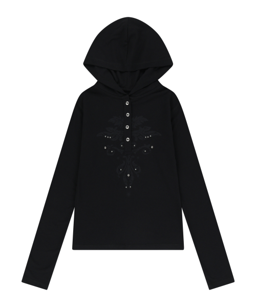 Studded Leaf Hooded Long Sleeve (Black)