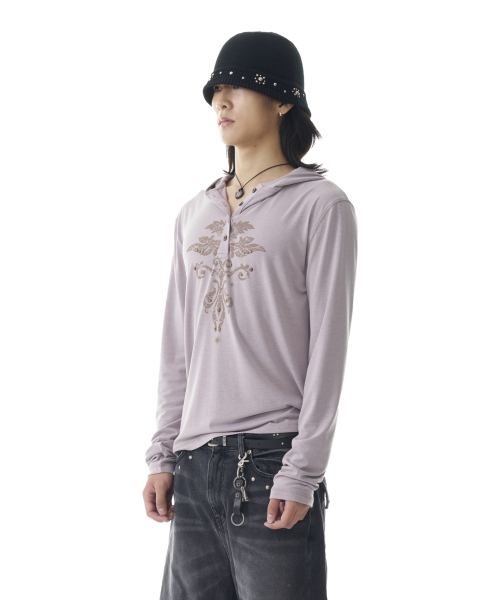 Studded Leaf Hooded Long Sleeve (Beige)