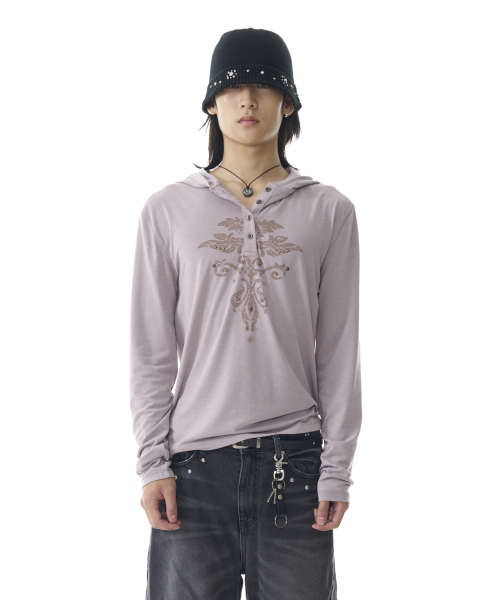 Studded Leaf Hooded Long Sleeve (Beige)