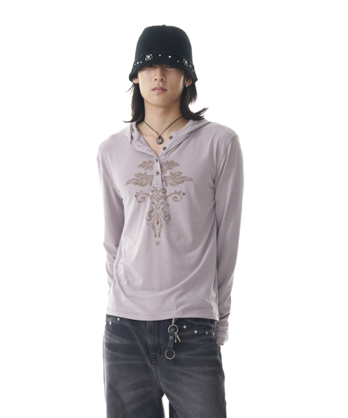 Studded Leaf Hooded Long Sleeve (Beige)