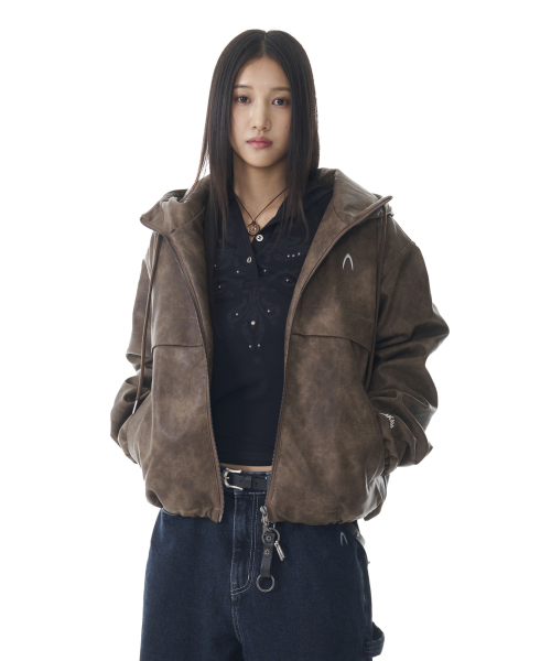 Leather Puffer Jacket (Brown)