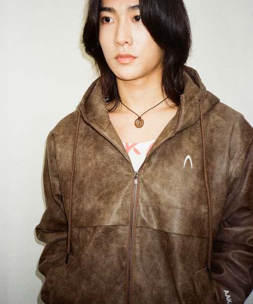 Leather Puffer Jacket (Brown)