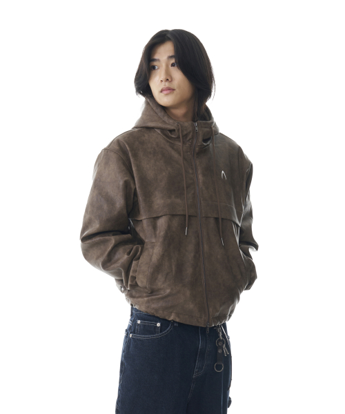 Leather Puffer Jacket (Brown)