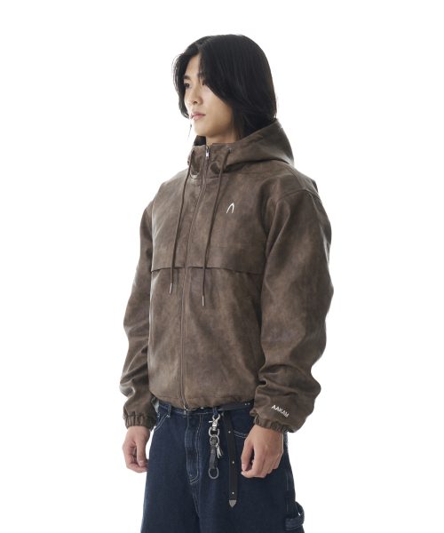 Leather Puffer Jacket (Brown)