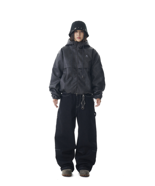 Leather Puffer Jacket (Black)