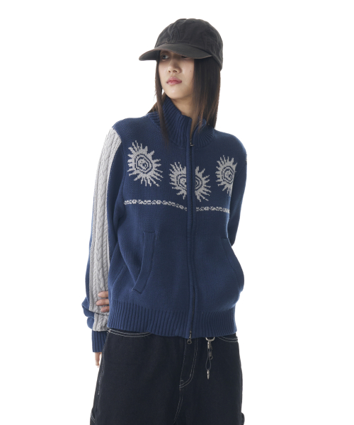 Sun Jacquard Zip-Up Sweater (Navy)