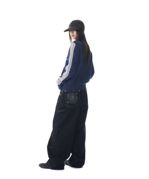 Sun Jacquard Zip-Up Sweater (Navy)