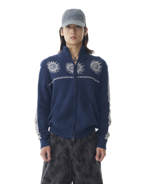 Sun Jacquard Zip-Up Sweater (Navy)