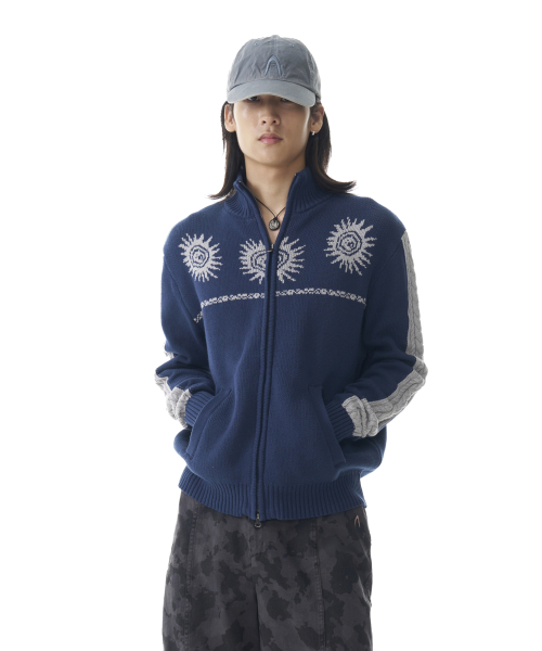 Sun Jacquard Zip-Up Sweater (Navy)