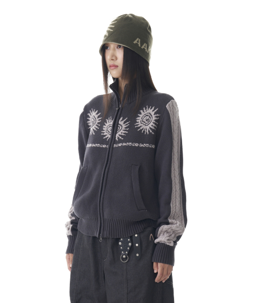 Sun Jacquard Zip-Up Sweater (Dark Gray)