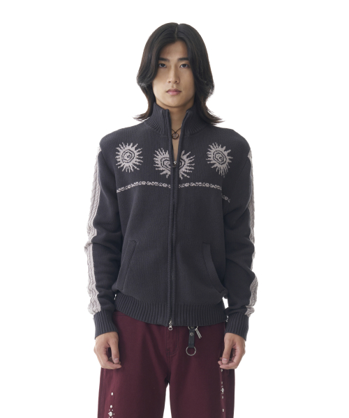 Sun Jacquard Zip-Up Sweater (Dark Gray)