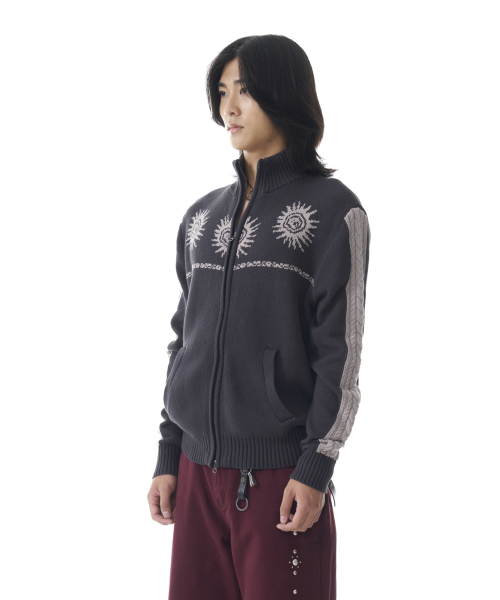 Sun Jacquard Zip-Up Sweater (Dark Gray)