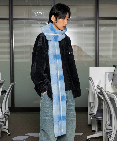 XTA056 체크 소프트 헤어리 머플러 (SKY BLUE)