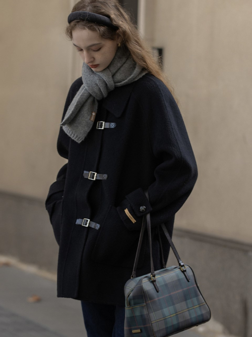 CAEL handmade wool buckle short coat_BLACK