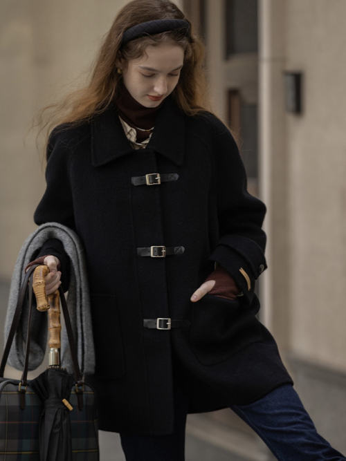 CAEL handmade wool buckle short coat_BLACK