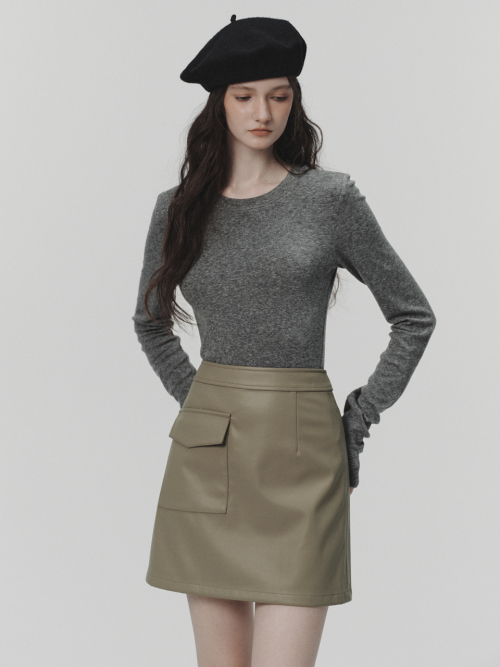 HAZEL pocket leather mini skirt_KHAKI GRAY