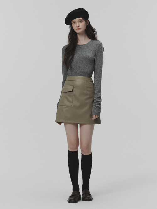 HAZEL pocket leather mini skirt_KHAKI GRAY