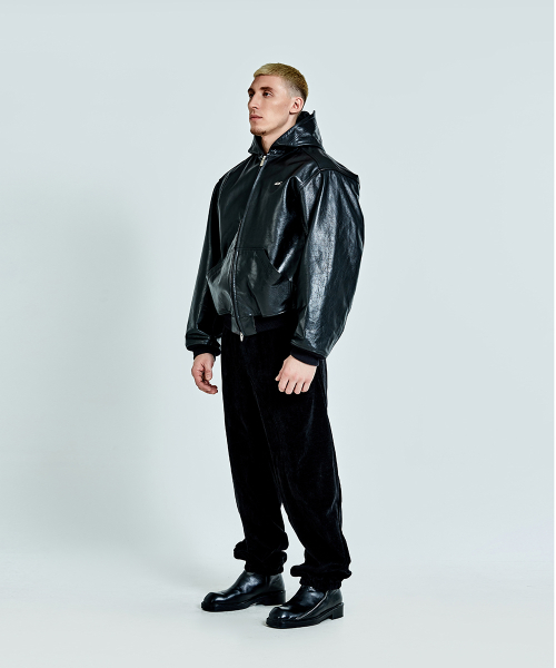 Leather Hoodie zip-up - Black