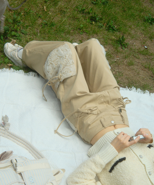 Ribbon Cotton Pants (Beige)