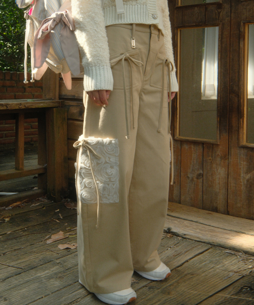 Ribbon Cotton Pants (Beige)