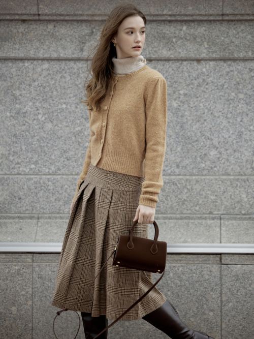 ETIENNE check midi skirt_BEIGE