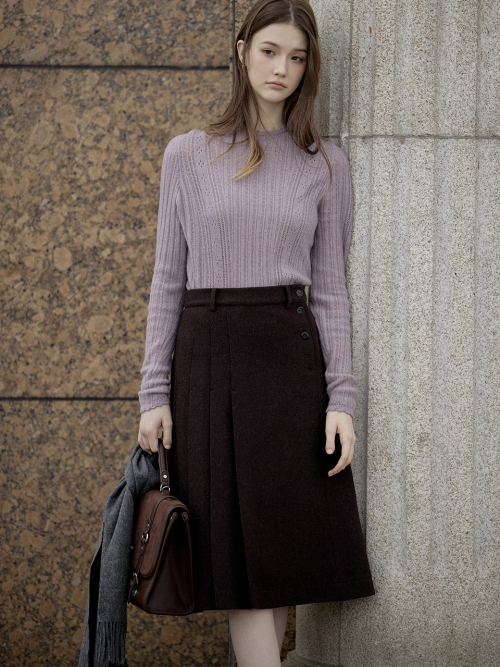 CIEL wool pleats skirt_BROWN