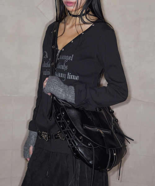 Stud V-Neck Ruffle Top (BLACK)