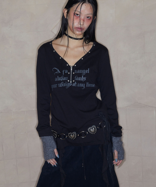 Stud V-Neck Ruffle Top (BLACK)