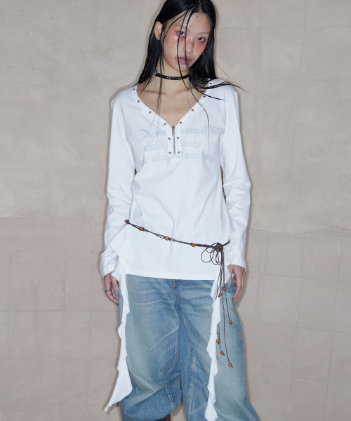 Stud V-Neck Ruffle Top (WHITE)