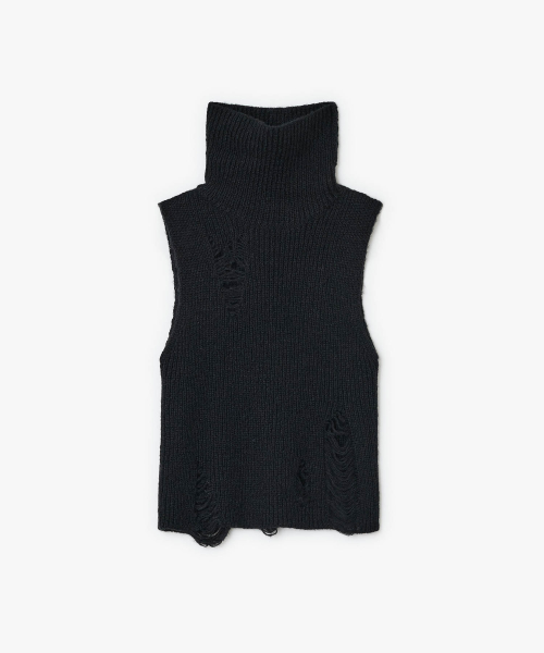Damaged Turtleneck Sleeveless Knit (BLACK)