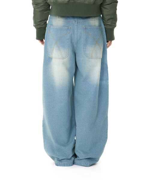 Grid Pattern Denim Pants (Washed Blue)