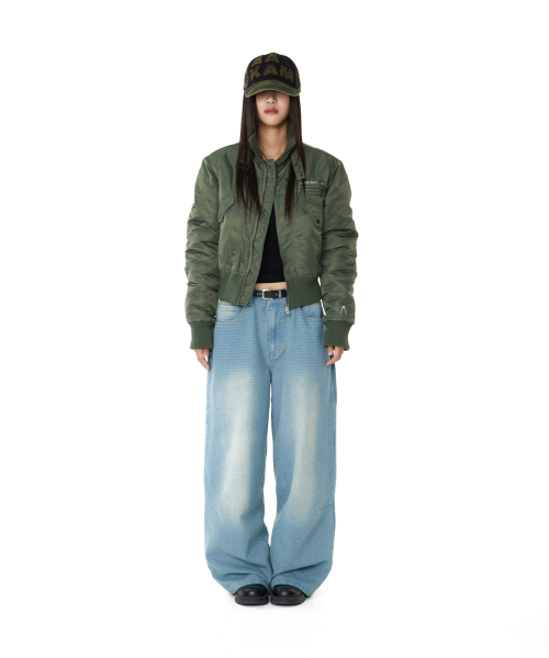 Grid Pattern Denim Pants (Washed Blue)