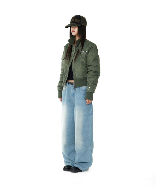 Grid Pattern Denim Pants (Washed Blue)