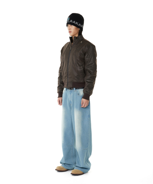 Grid Pattern Denim Pants (Washed Blue)