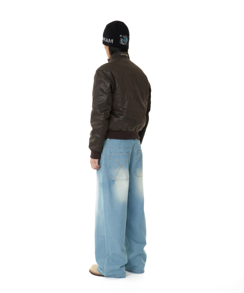 Grid Pattern Denim Pants (Washed Blue)