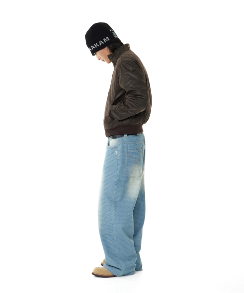 Grid Pattern Denim Pants (Washed Blue)