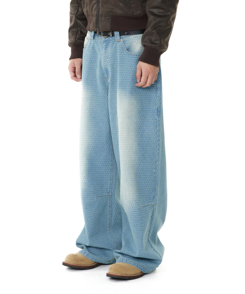 Grid Pattern Denim Pants (Washed Blue)