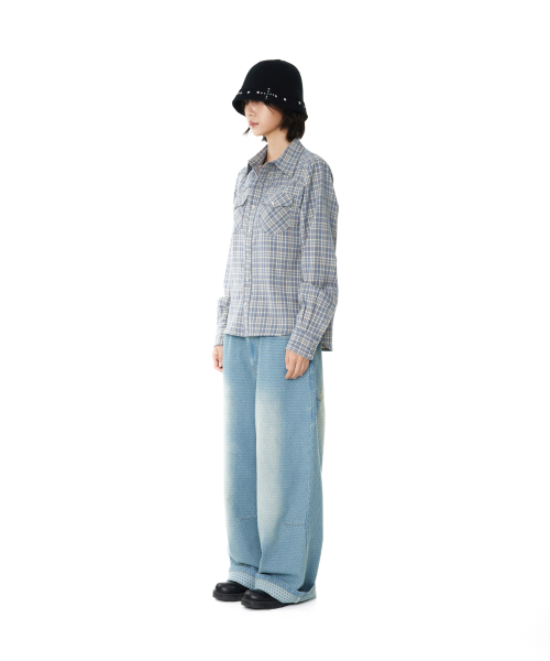 Grid Pattern Denim Pants (Washed Blue)