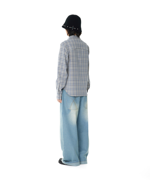 Grid Pattern Denim Pants (Washed Blue)