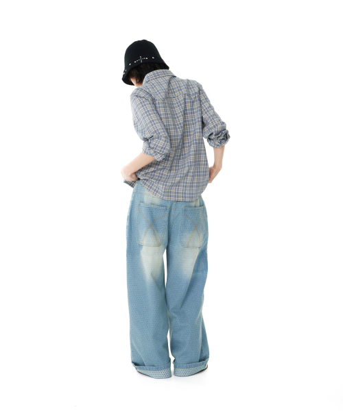 Grid Pattern Denim Pants (Washed Blue)