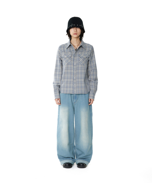 Grid Pattern Denim Pants (Washed Blue)