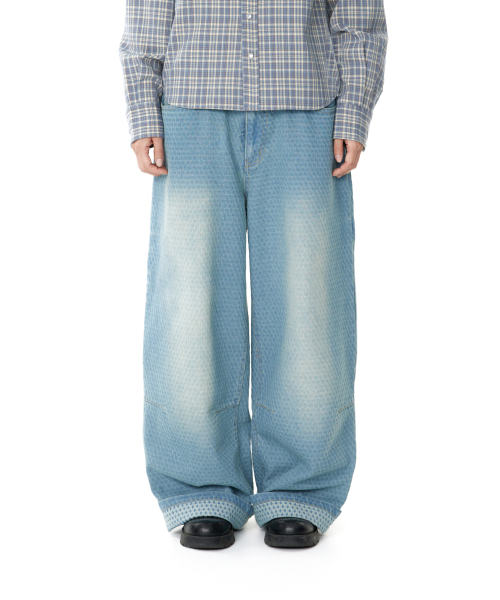 Grid Pattern Denim Pants (Washed Blue)