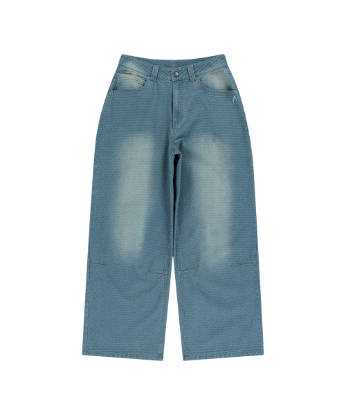 Grid Pattern Denim Pants (Washed Blue)