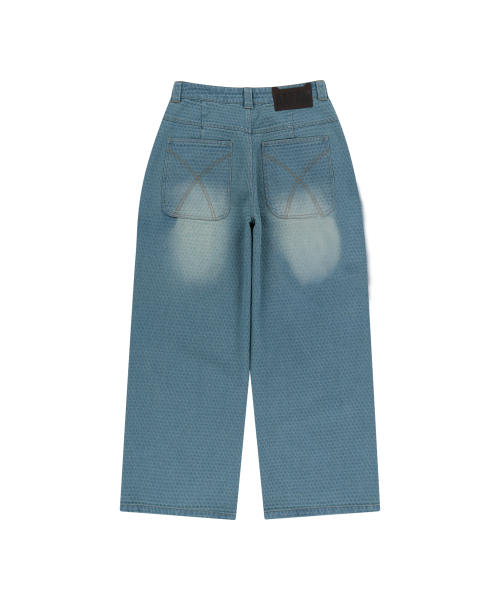 Grid Pattern Denim Pants (Washed Blue)