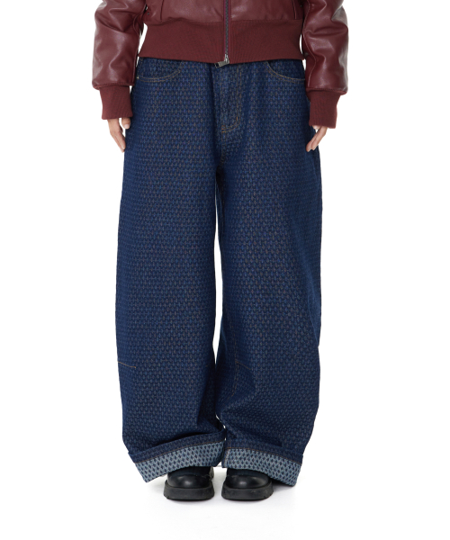 Grid Pattern Denim Pants (Blue)